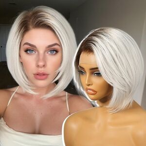 Ombre Platinum Blonde Synthetic Lace Front Wig,Side Part Short Straight Glueless